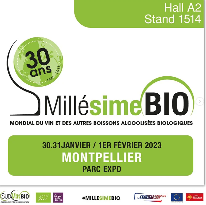 Promotional banner for Millésime BIO 2023 wine event in Montpellier with dates and location info