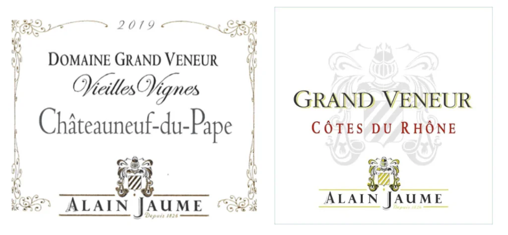 Labels for Domaine Grand Veneur wine bottles from Châteauneuf-du-Pape and Côtes du Rhône