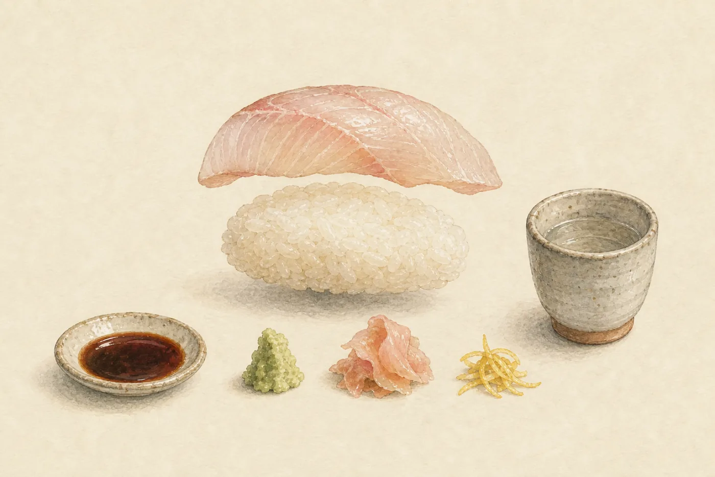 An exploded sushi bite showing fish, rice, soy, wasabi, ginger, and citrus