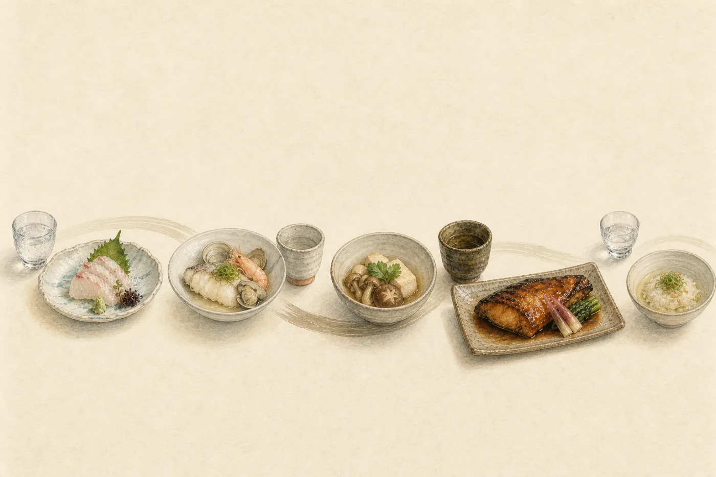 A sake pairing course moving from delicate to rich and back to a clean finish