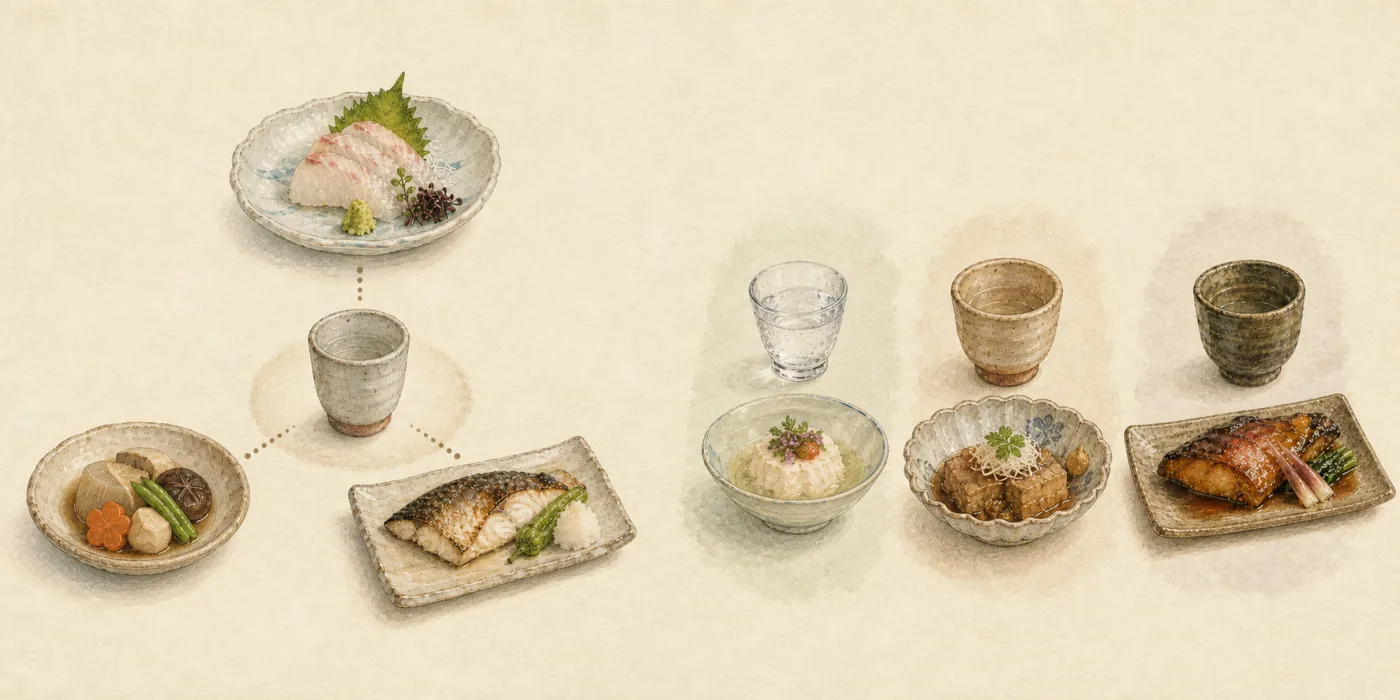 One sake linking several dishes beside a course with a different sake for each stage