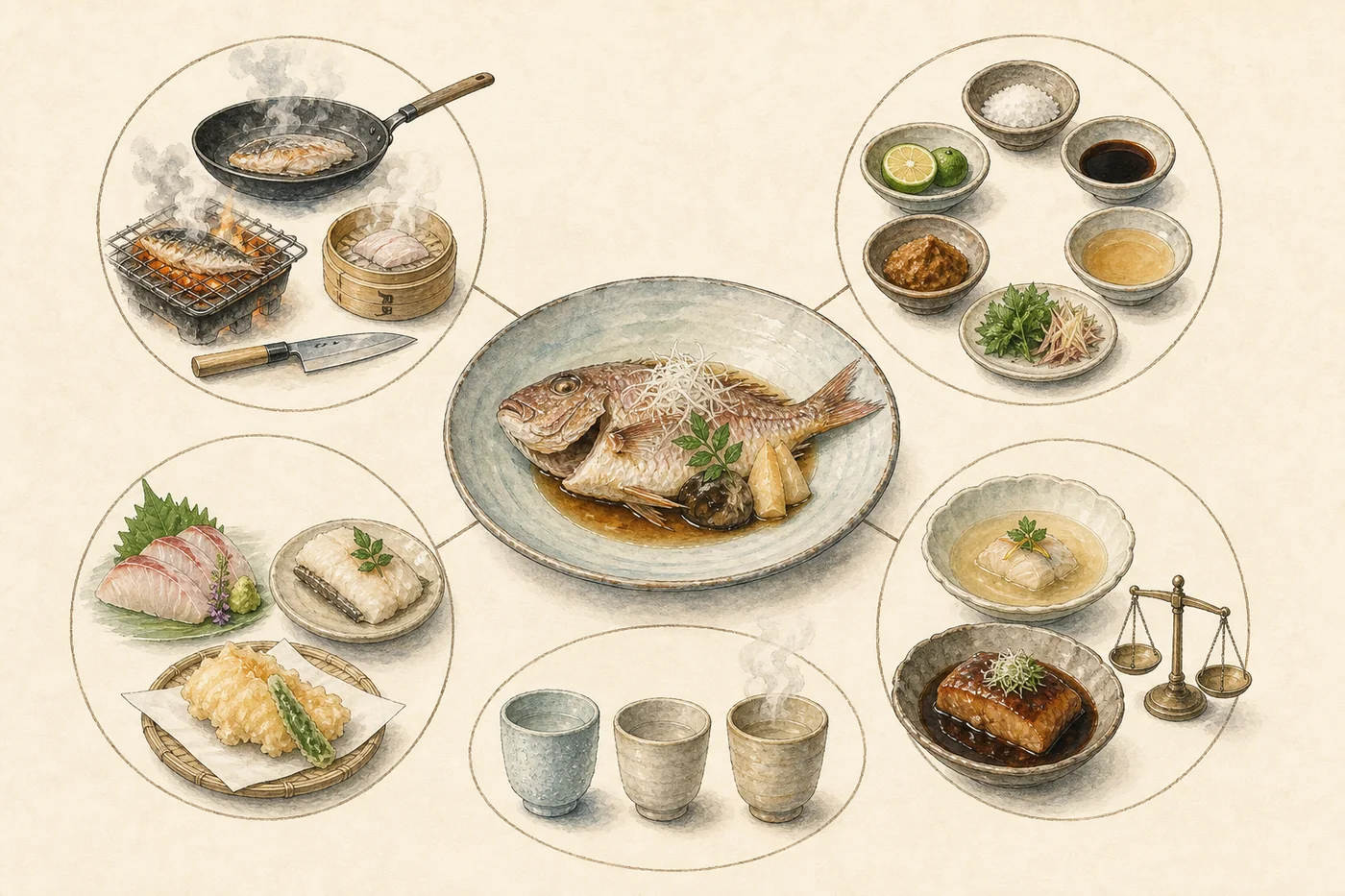 Illustrated guide to cooking method, seasoning, intensity, texture, and serving temperature