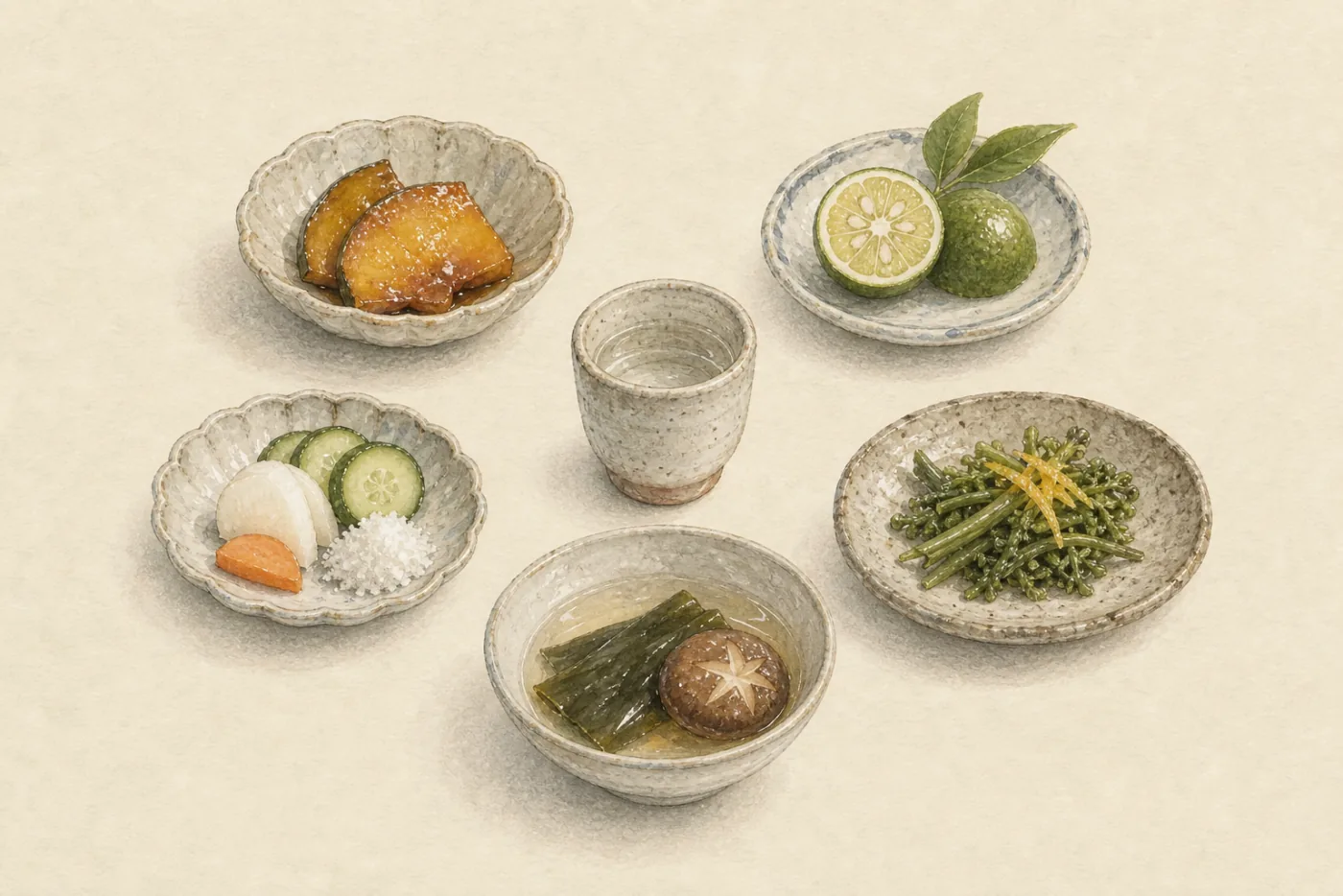 Five taste groups arranged around a central sake cup