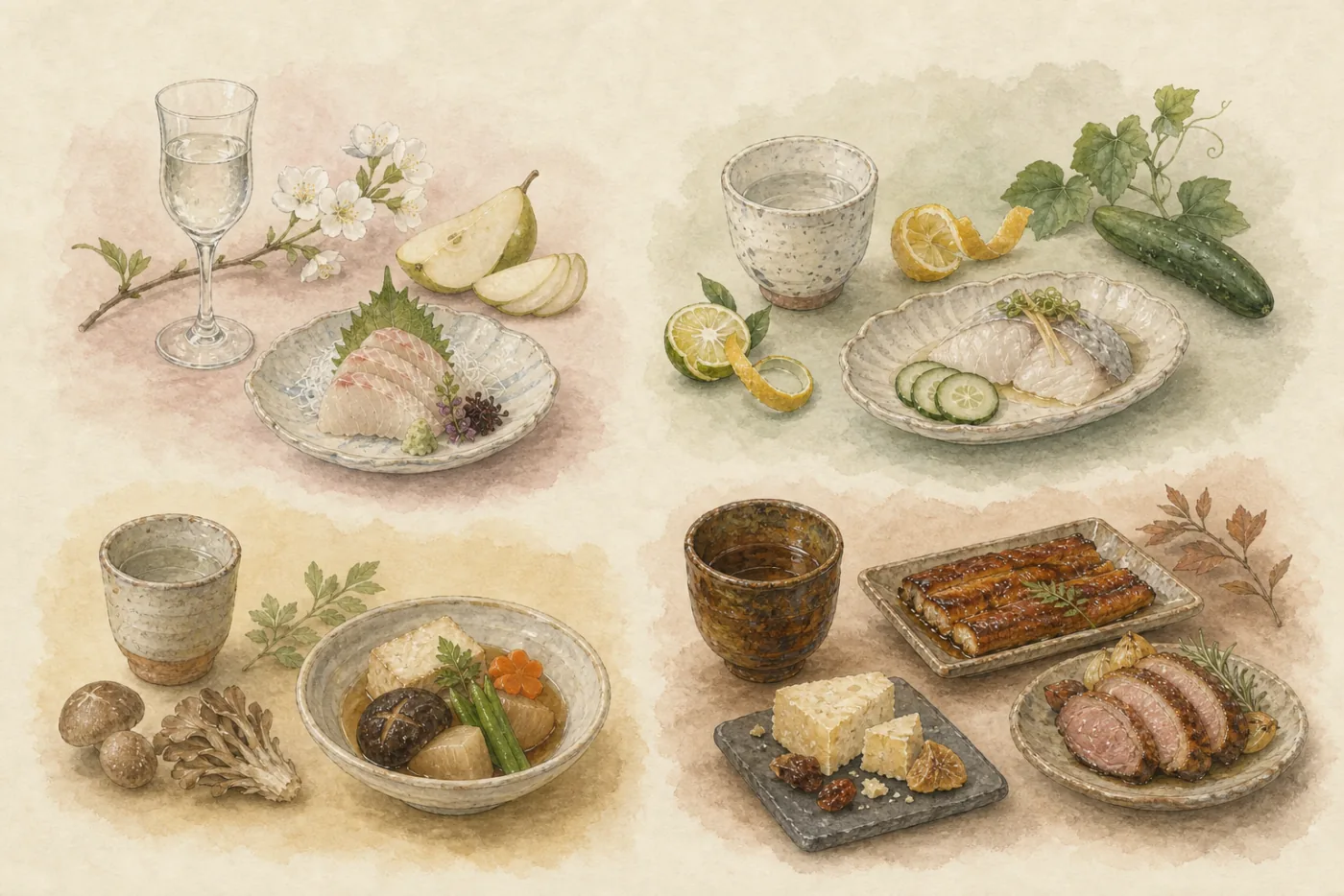 Four practical sake styles shown with dishes and serving vessels
