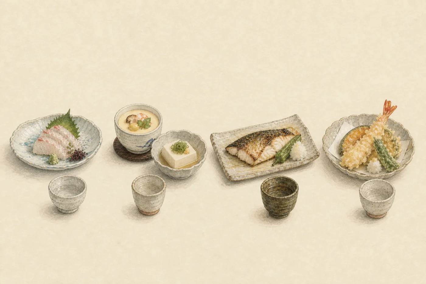 Four food textures: delicate, soft, roasted, and oil-rich