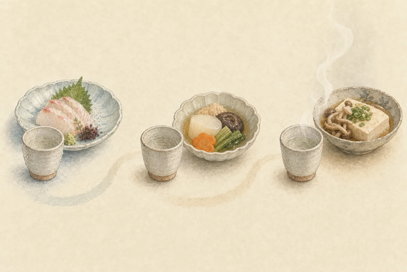 The same sake cup tested with three foods at different temperatures