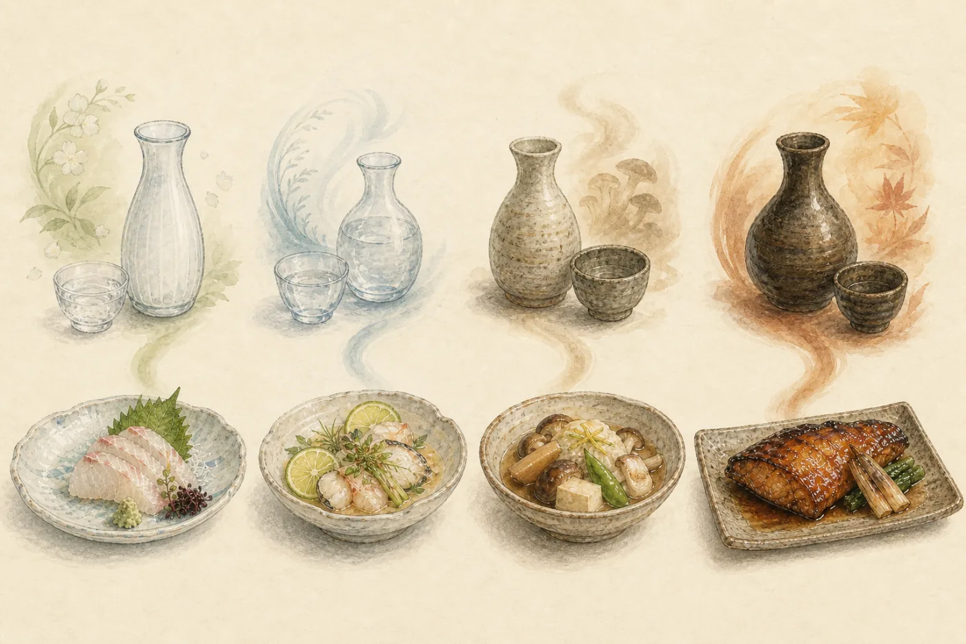 Four dishes connected to matching sake styles