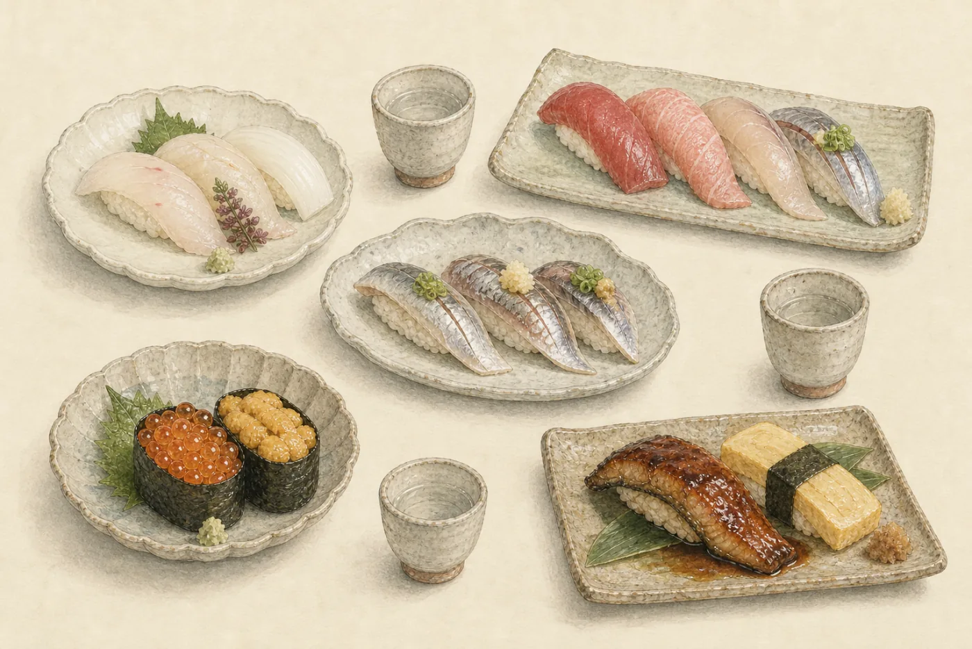Sushi grouped by delicacy, fat, aroma, roe, and glaze