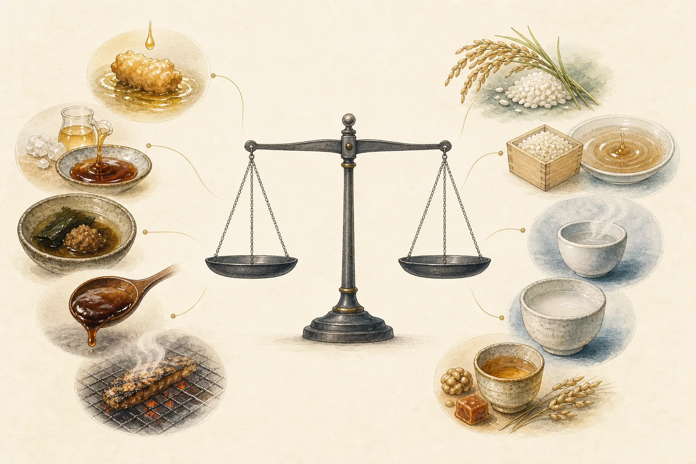 Balance scale with food factors on the left and sake factors on the right