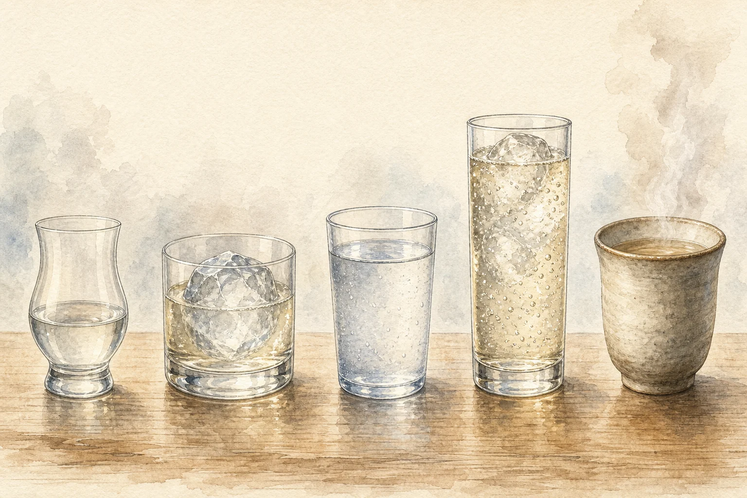 Five spirit serving styles: straight, rocks, cold water, soda, and hot water
