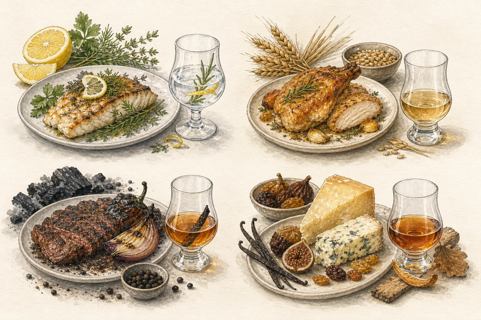 Four aromatic bridges linking rice, barley, botanicals, smoke, and oak with food