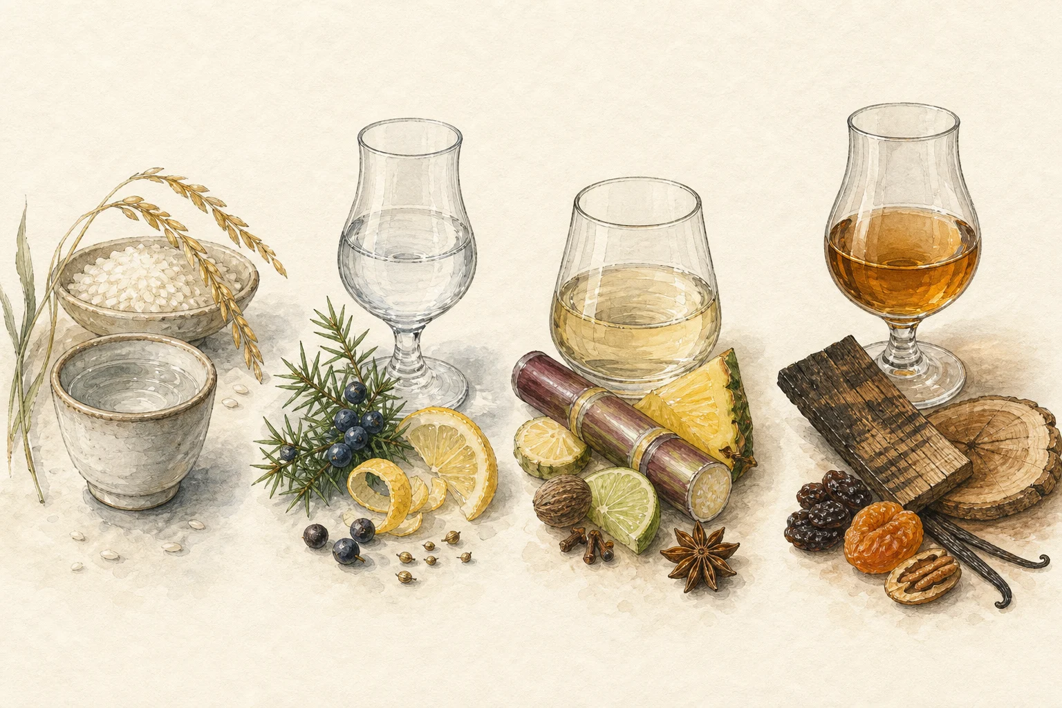 Four clear and amber spirits with rice, botanicals, sugarcane, and oak cues