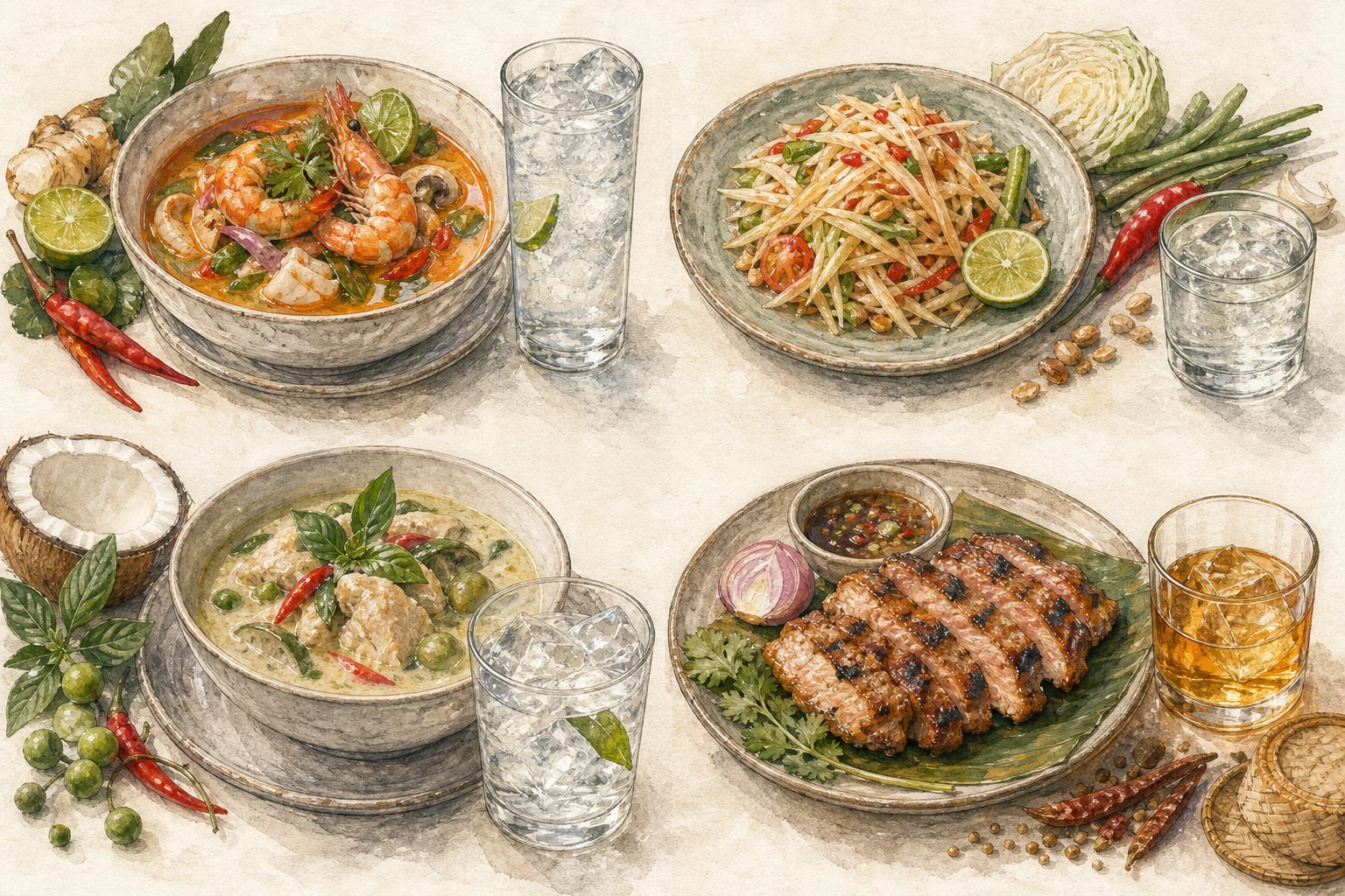 Tom yum, coconut curry, larb, and charcoal-grilled food with different spirit serves