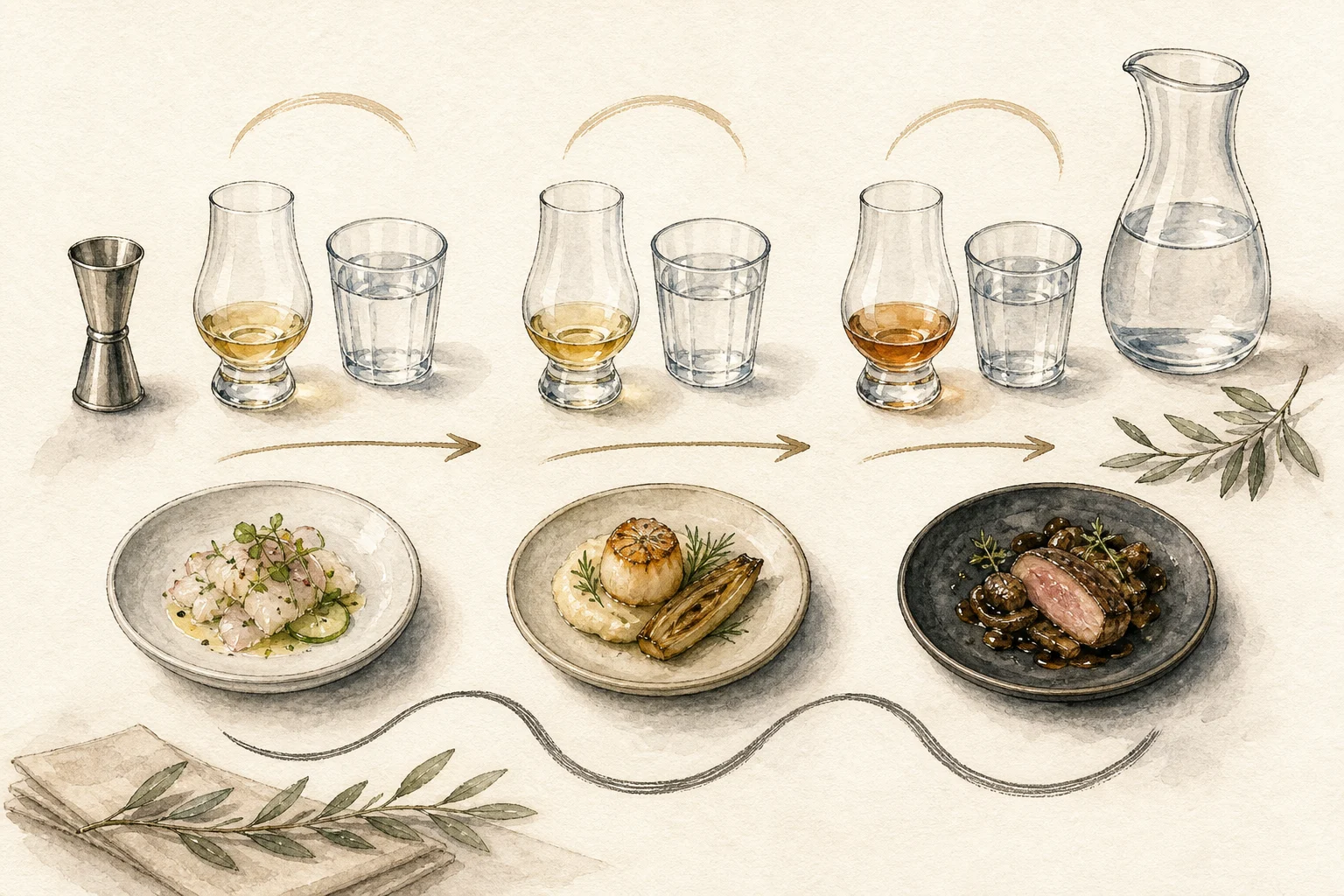 Modest spirit pours, water, a non-alcoholic glass, and small dishes arranged with calm spacing