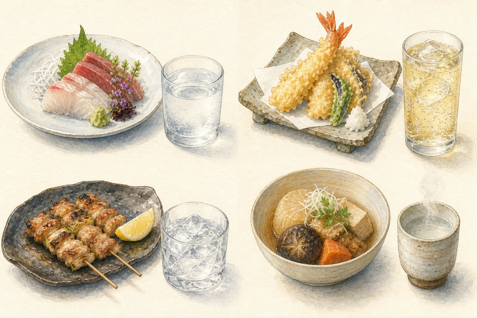 Sashimi, tempura, charcoal-grilled chicken, and simmered food with different spirit serves