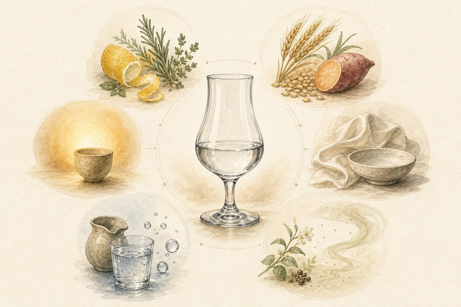 Six visual elements around a clear spirit glass: aroma, perceived sweetness, warmth, texture, dilution, and finish