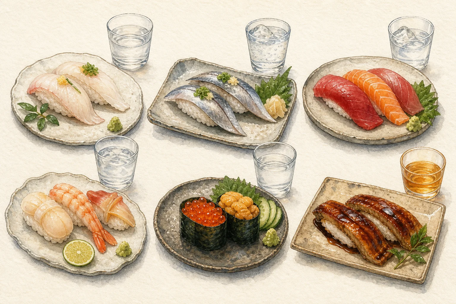 Six sushi groups from delicate white fish to seared and glazed toppings