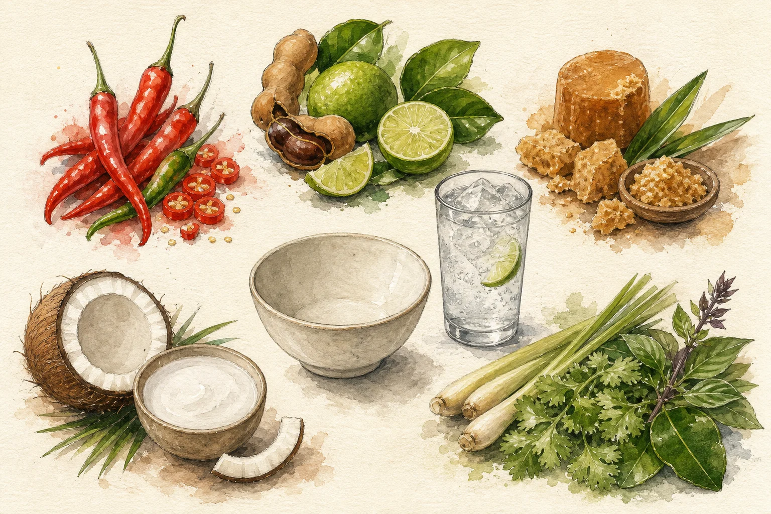 Five axes of Thai food: chilli, acidity and herbs, coconut richness, fermented umami, and texture