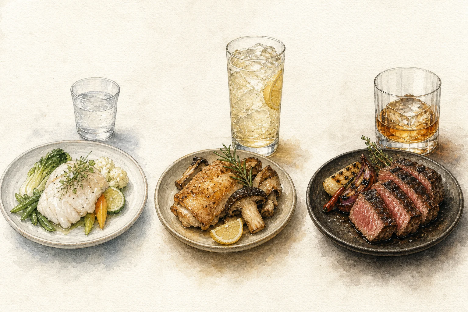 Light, medium, and powerful dishes paired with progressively stronger spirit serves