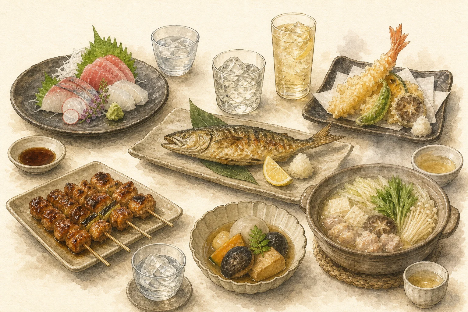 Six washoku methods: clear broth, steamed, fried, grilled, simmered, and hot pot