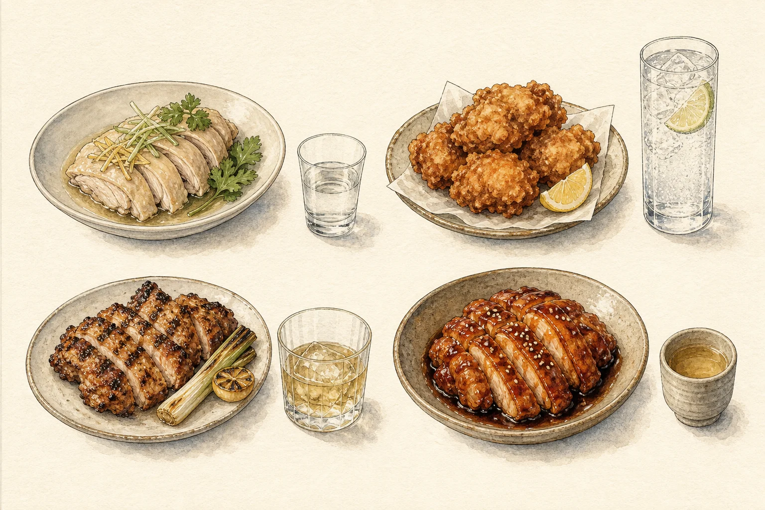 The same chicken prepared by steaming, frying, charcoal grilling, and glazing, with different spirit serves