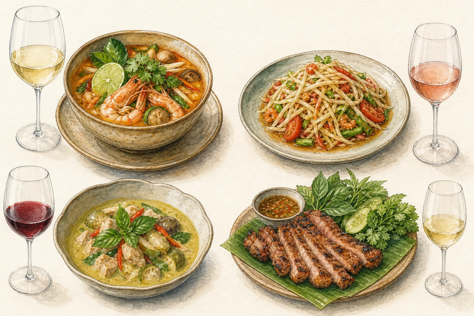 Tom yum, som tam, coconut curry, and charcoal-grilled meat with wine glasses