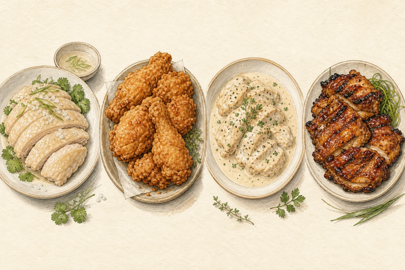 The same chicken prepared by steaming, frying, cream cooking, and charcoal grilling