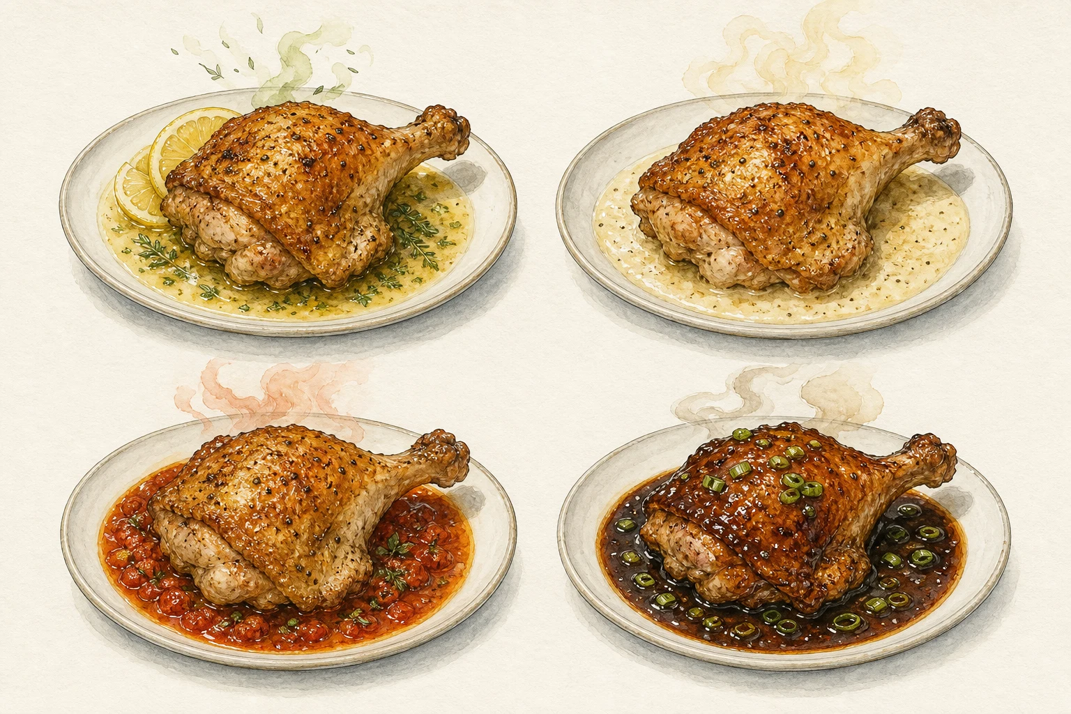 The same roast chicken served with four different sauces