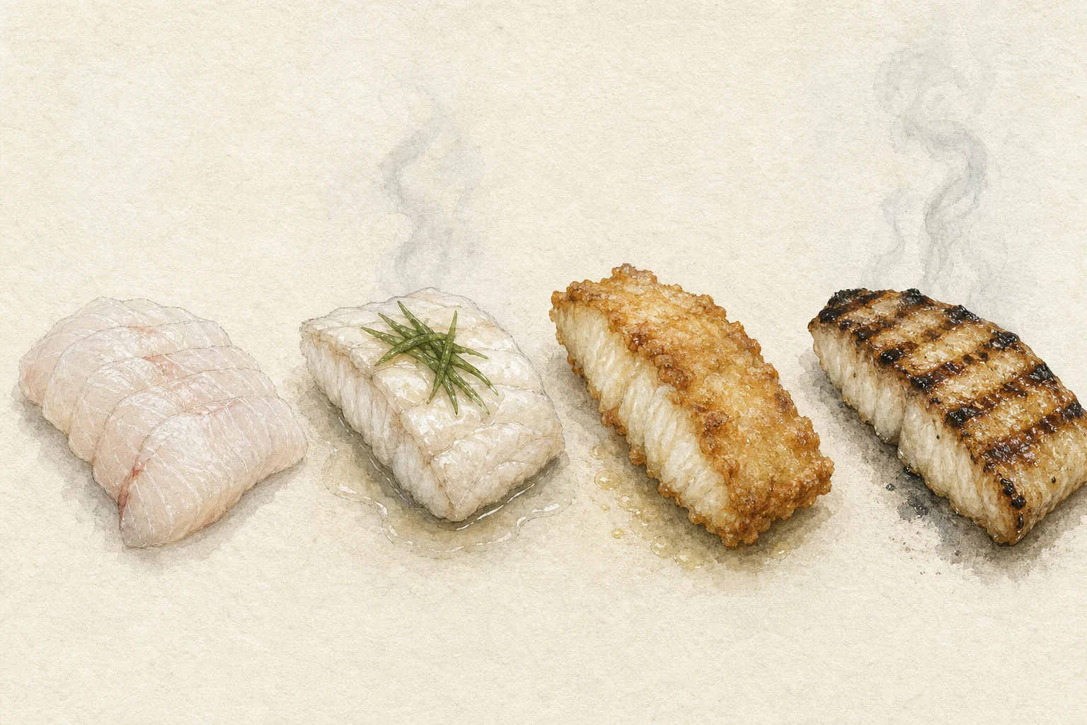 The same white fish prepared raw, steamed, fried, and charcoal grilled