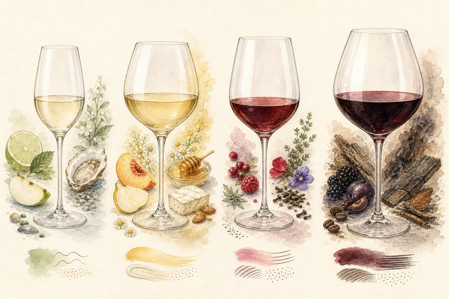 Four wines showing that similar colour does not mean similar structure