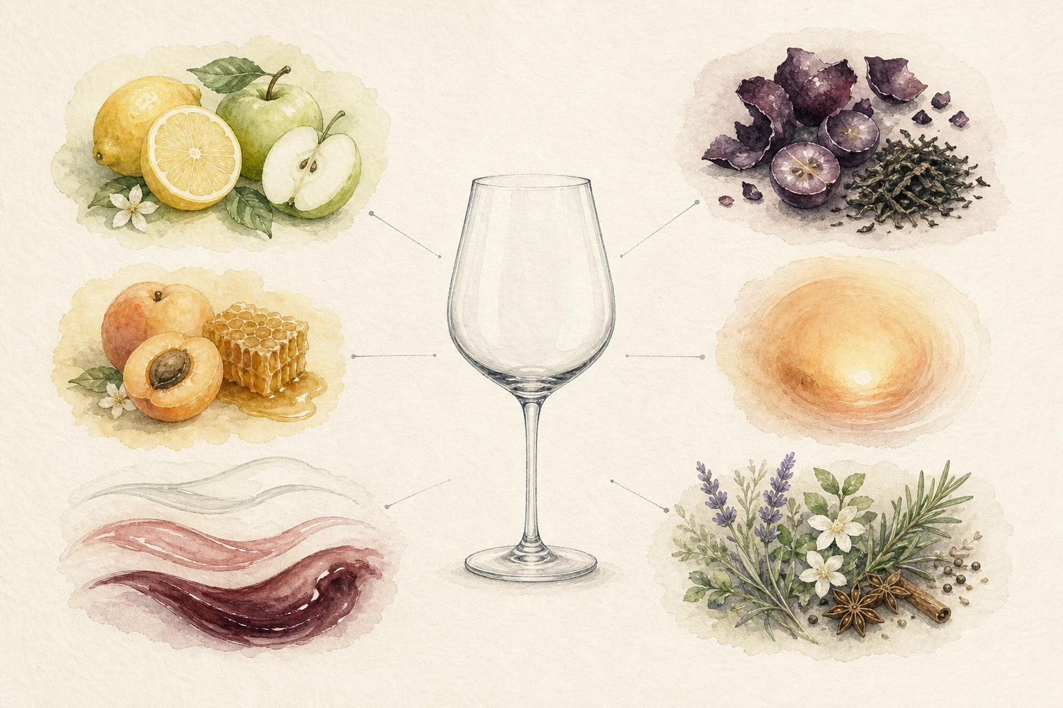 Six elements around a wine glass: acidity, sweetness, tannin, alcohol warmth, body, and aroma
