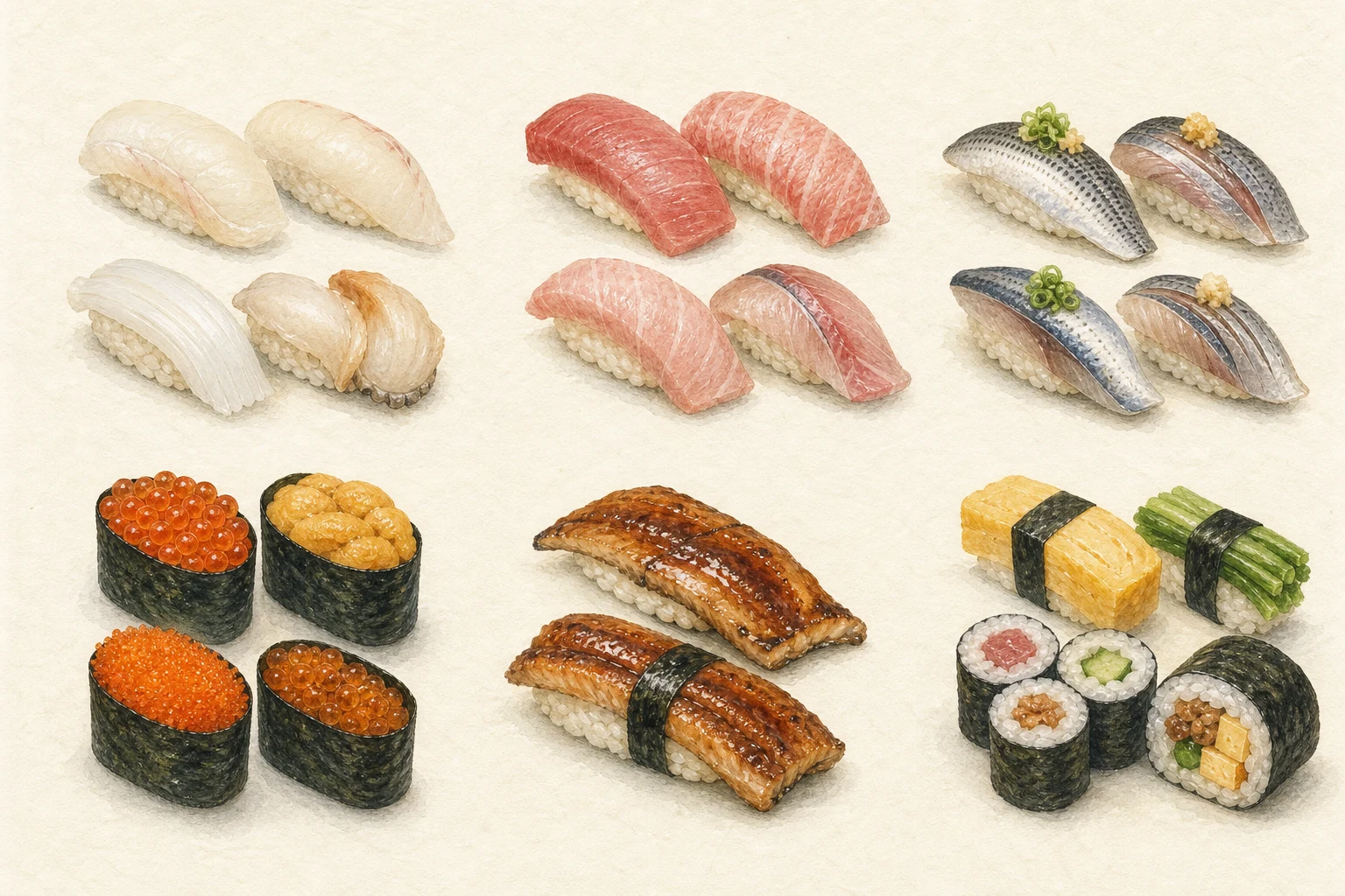 Six sushi groups based on delicacy, fat, aroma, roe, glaze, and vegetables