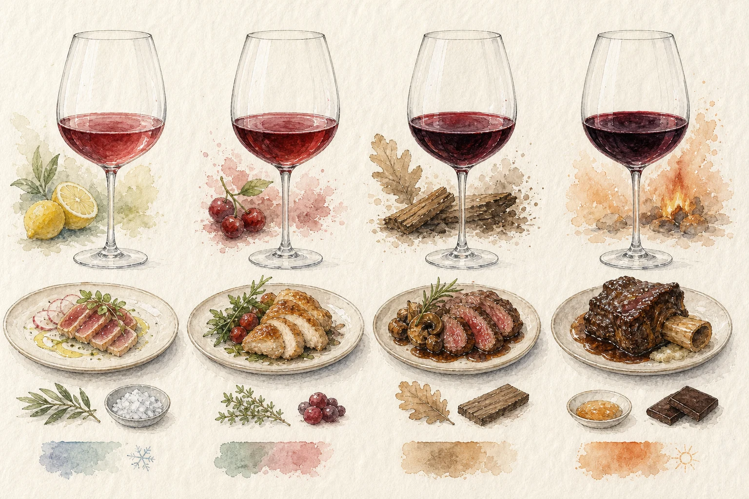 A spectrum from low to high tannin with increasingly firm and rich foods