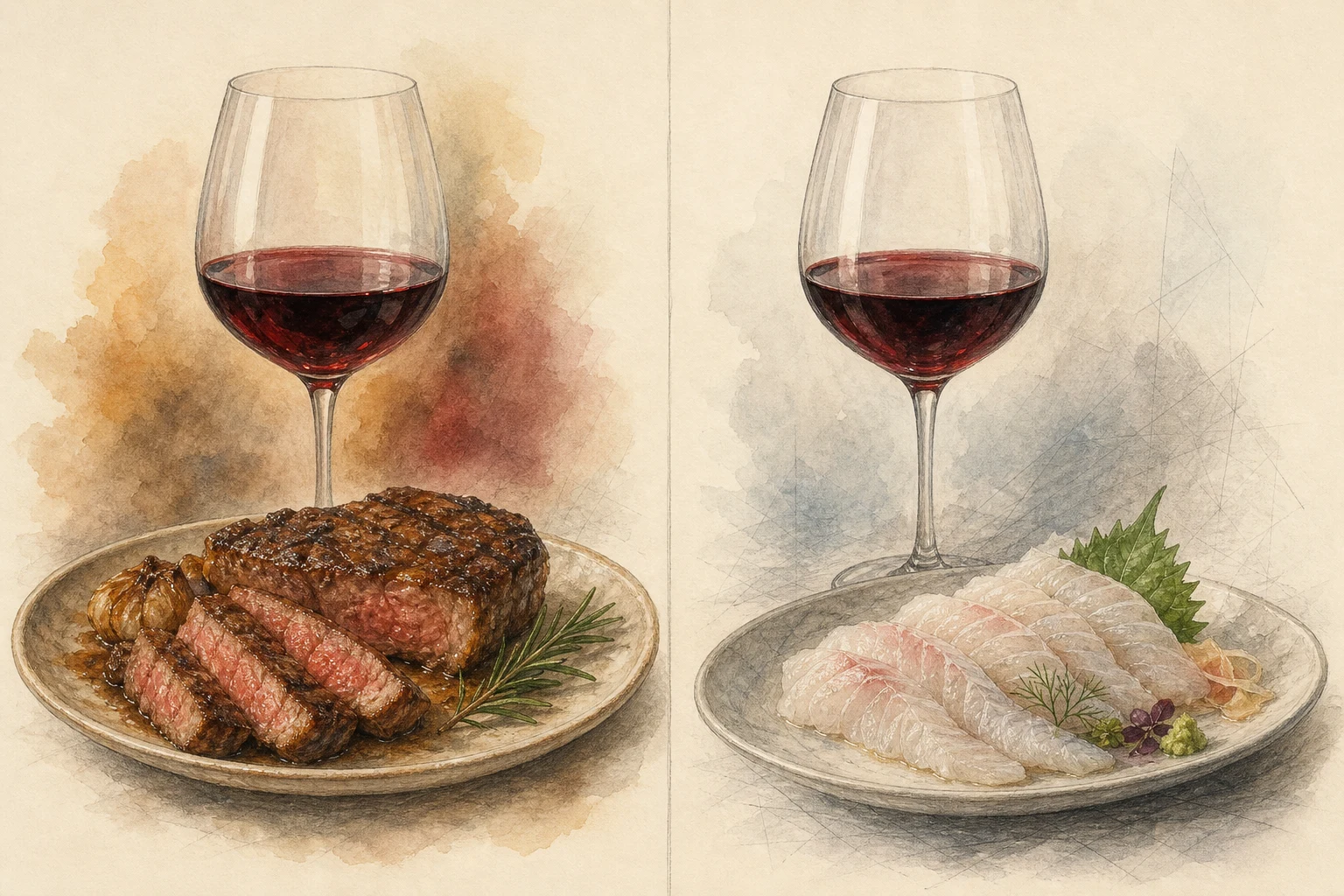 The same tannic red wine beside grilled meat and delicate raw white fish