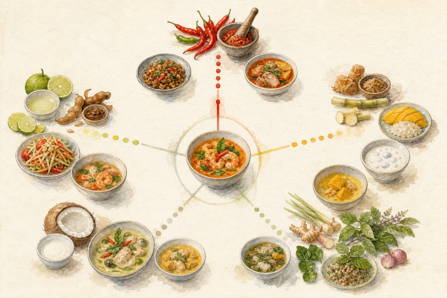Five practical axes for reading Thai food: chilli, acidity, sweetness, coconut richness, and herbs