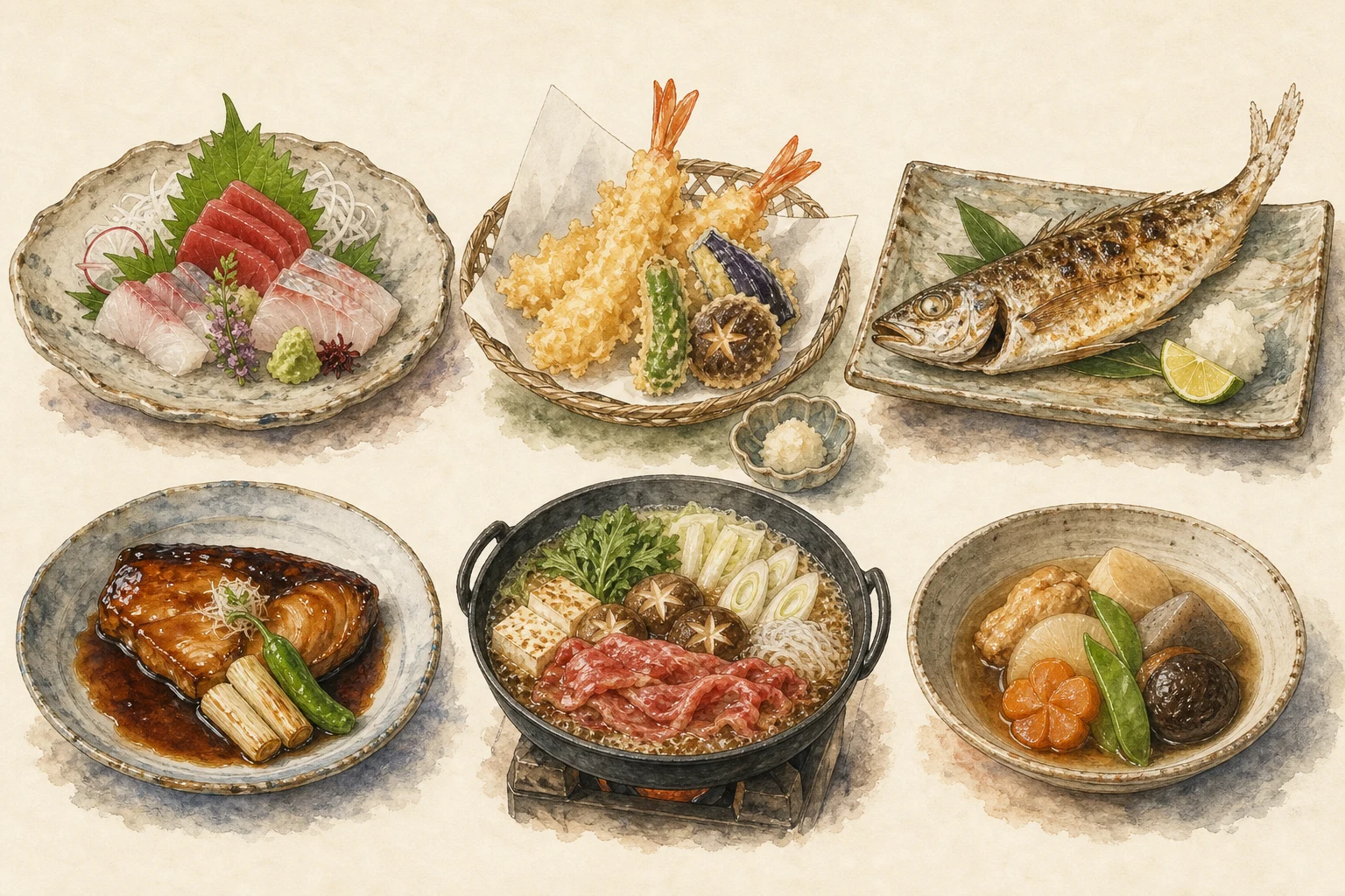 Sashimi, tempura, salt-grilled fish, teriyaki, sukiyaki, and dashi simmered food
