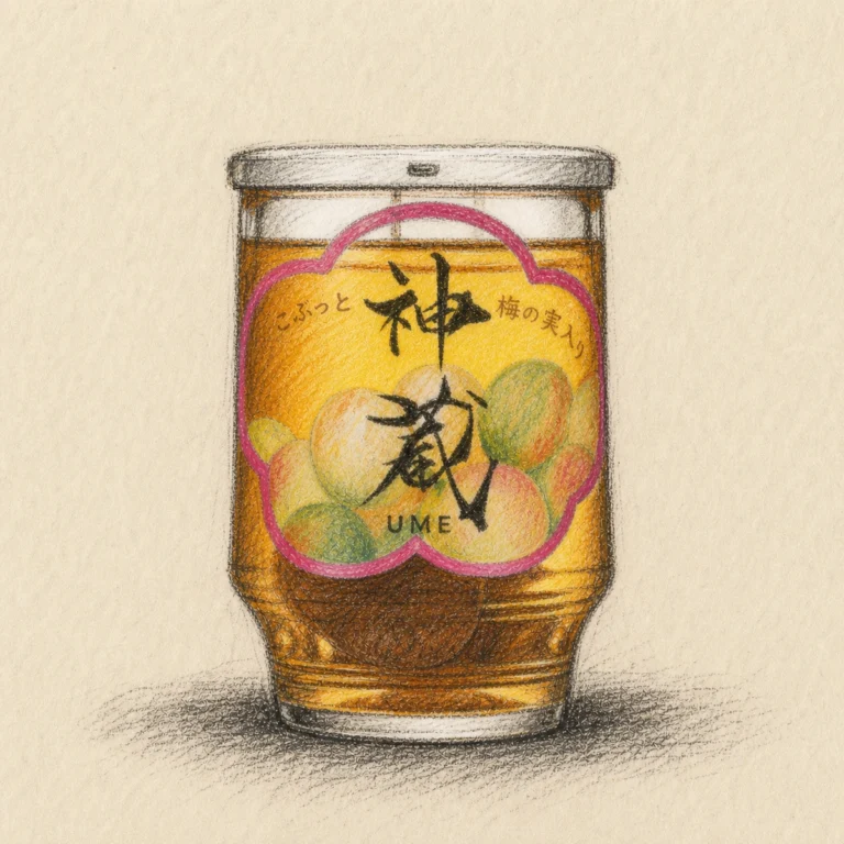 KAGURA Umeshu Cup with Whole Ume Fruit rough charcoal and colored-pencil illustration