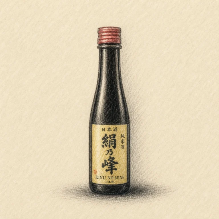 KINU NO MINE Junmai / 絹乃峰 純米 rough hand-drawn charcoal sketch bottle illustration