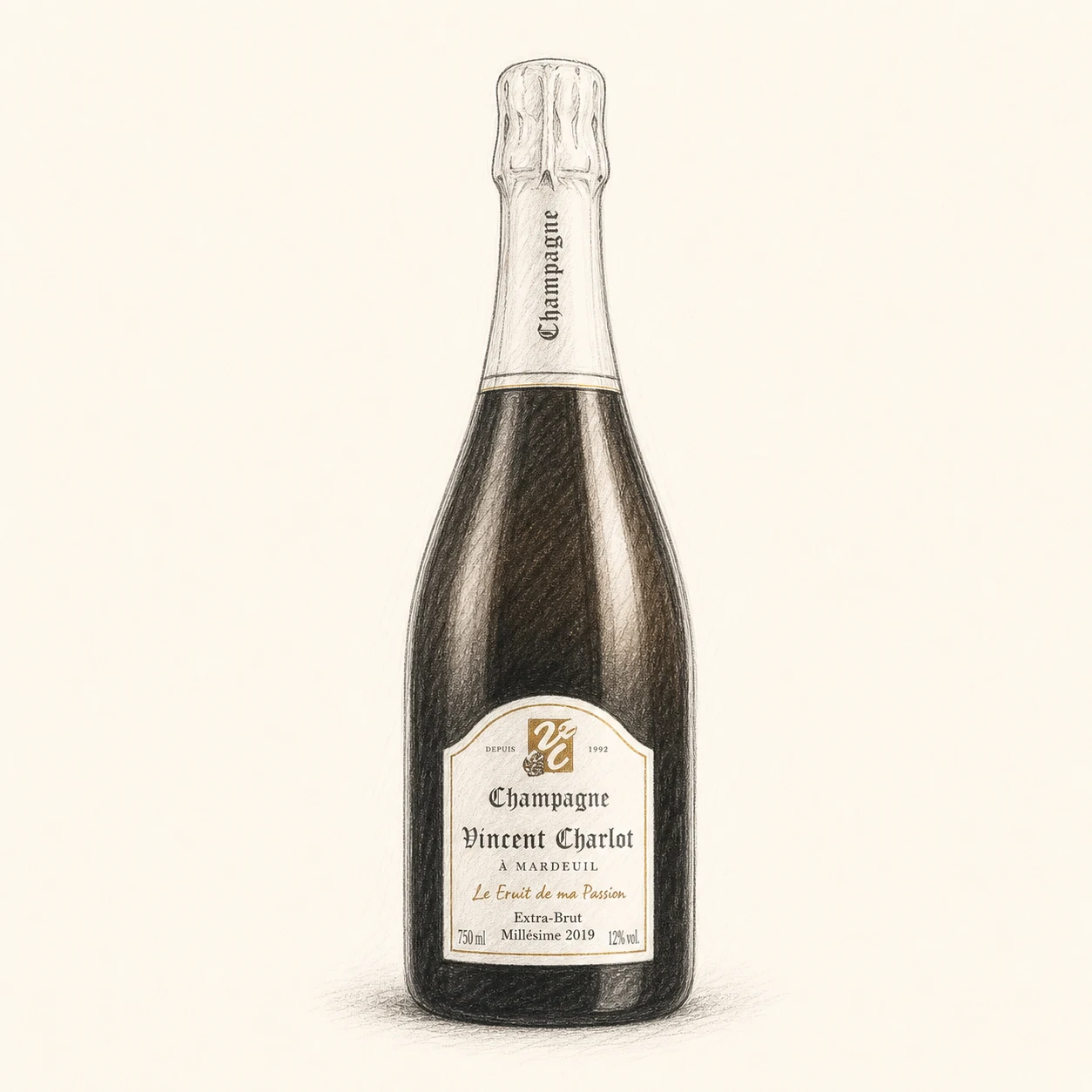 Vincent Charlot Le Fruit de ma Passion Millésime 2019 bottle illustration