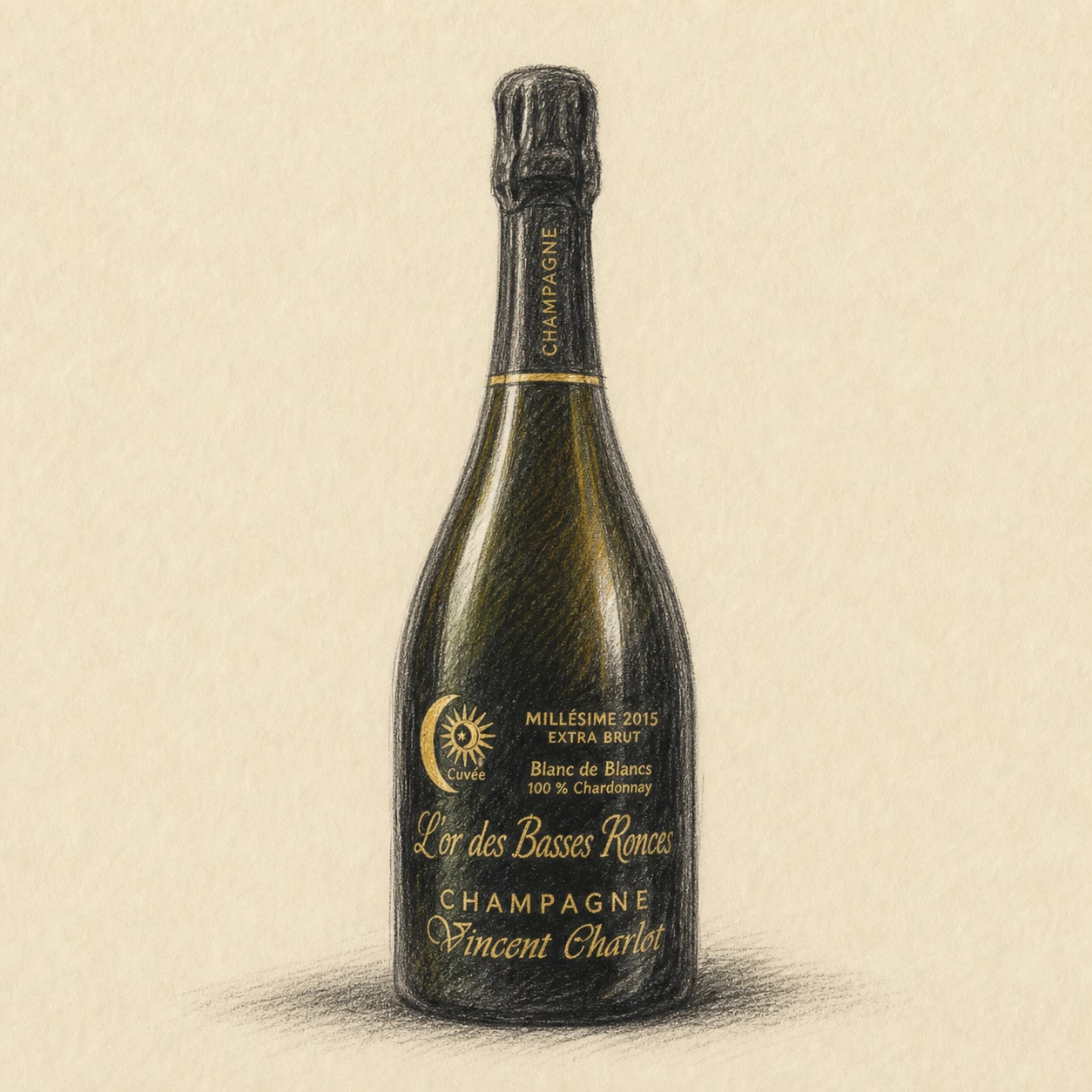 Vincent Charlot L’Or des Basses Ronces Blanc de Blanc Extra-Brut Bio Millesime 2015 bottle illustration