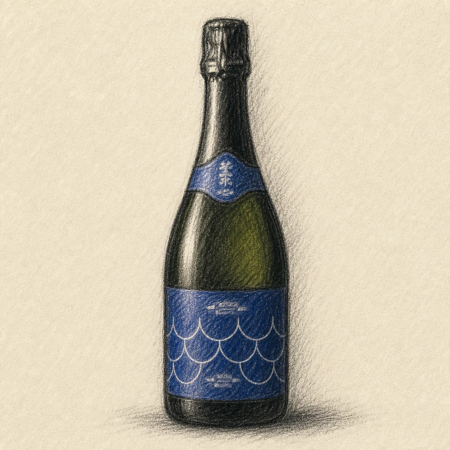 SHICHIKEN Selection Alain Ducasse Sparkling-sake / 七賢 Alain Ducasse Sparkling-sake rough hand-drawn charcoal sketch bottle illustration