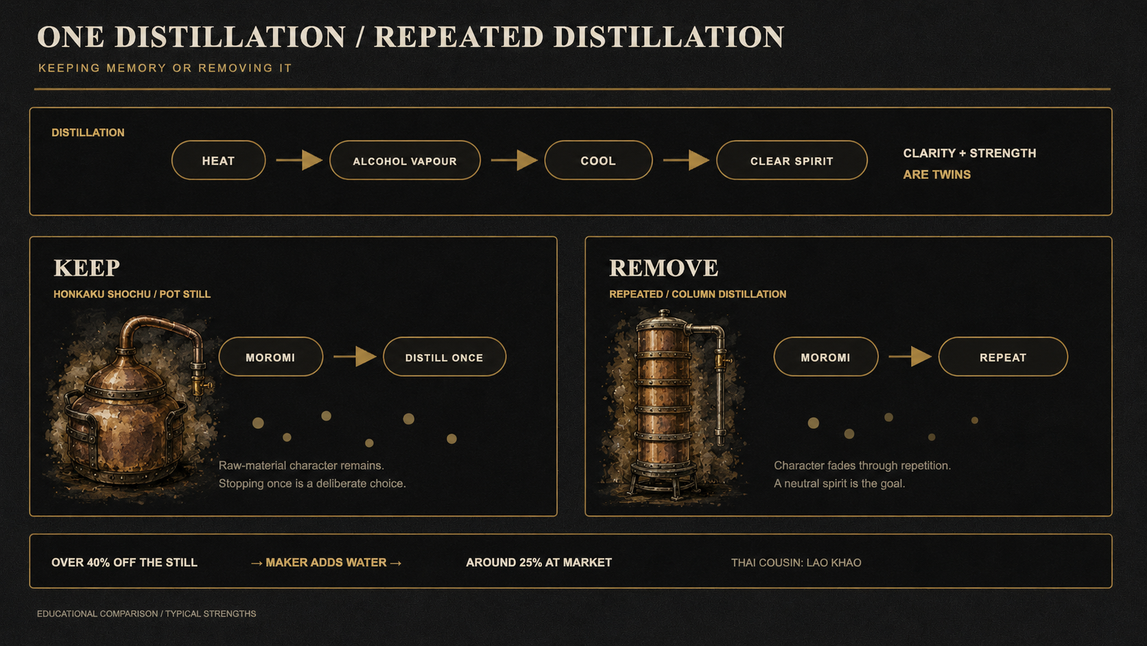 Keeping versus erasing: honkaku shochu is distilled once in a pot still so the raw material's character remains, while repeated column distillation strips it away — with strength falling from over 40% straight off the still to around 25% as most honkaku shochu reaches the market.