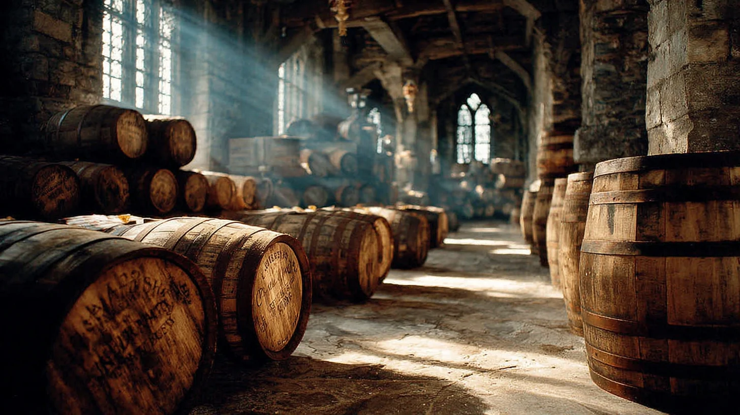 Rows of oak whisky maturation casks stacked in a dimly lit stone warehouse with beams of sunlight