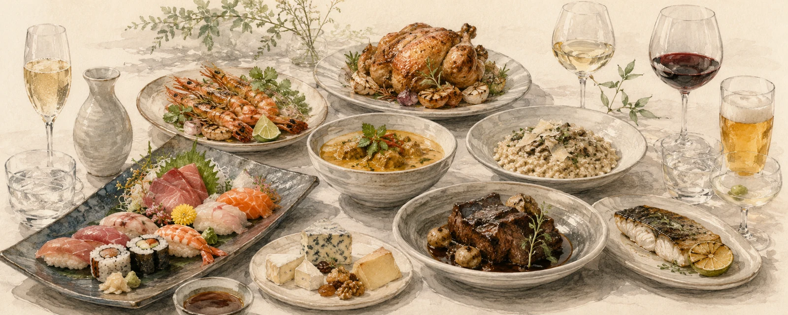 Illustrated table of Japanese and international dishes with pairing beverages