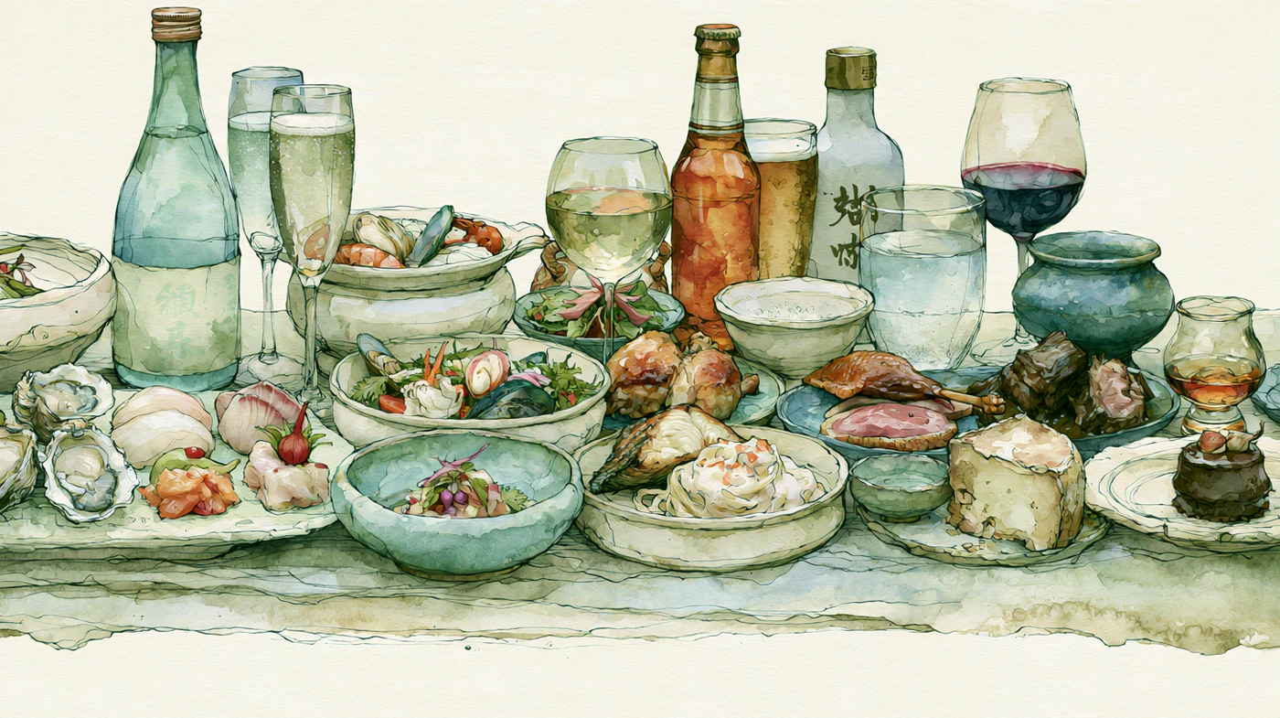 Panoramic illustration of sake and food pairings