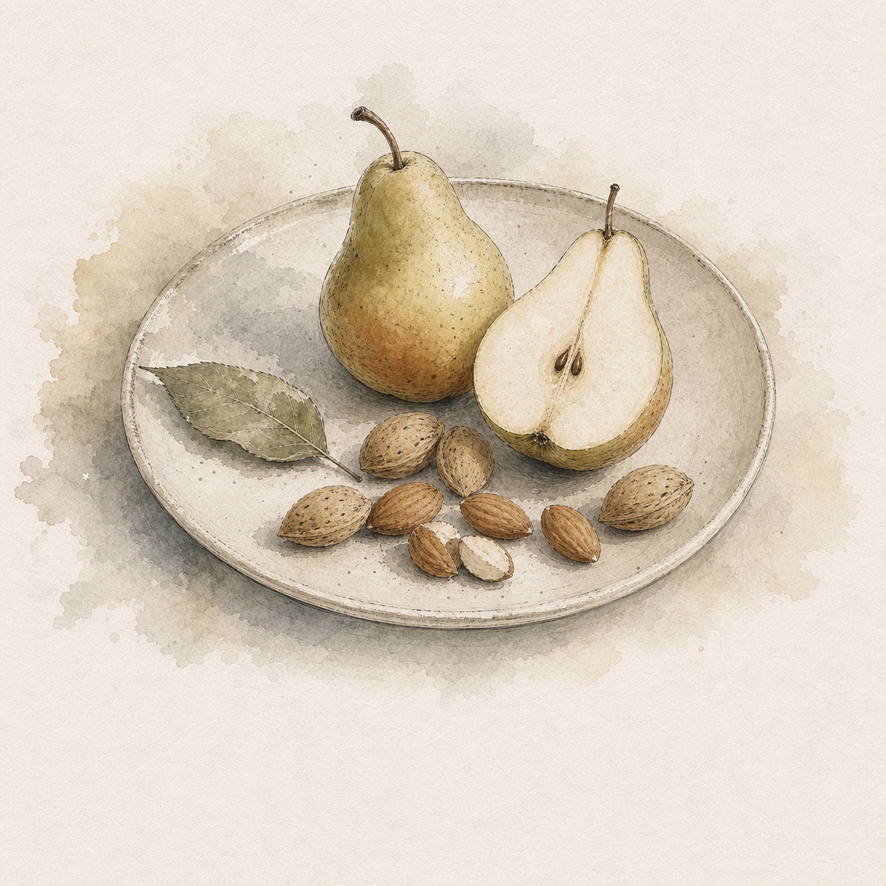 Watercolor still life of pears and almonds