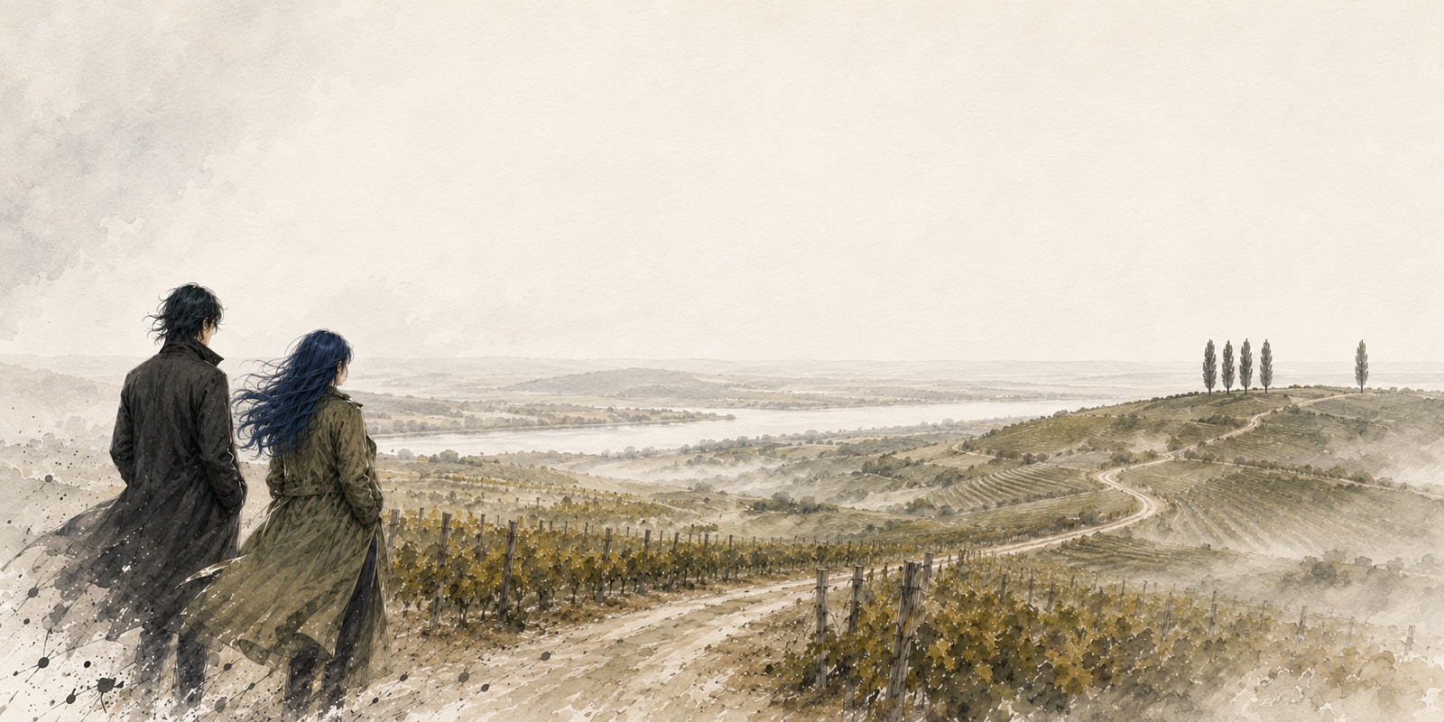 Watercolor illustration of two figures overlooking a misty Bordeaux vineyard panorama