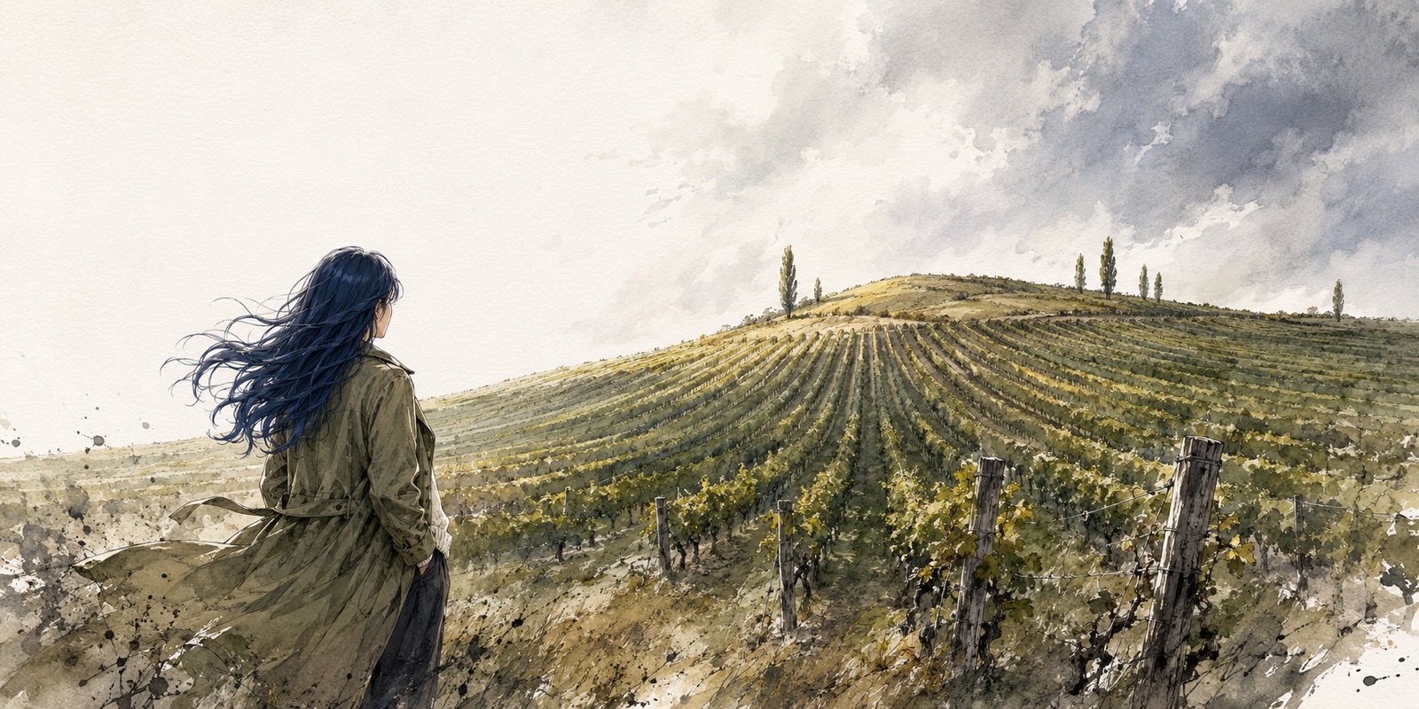 Watercolor illustration of a vineyard landscape in Médoc