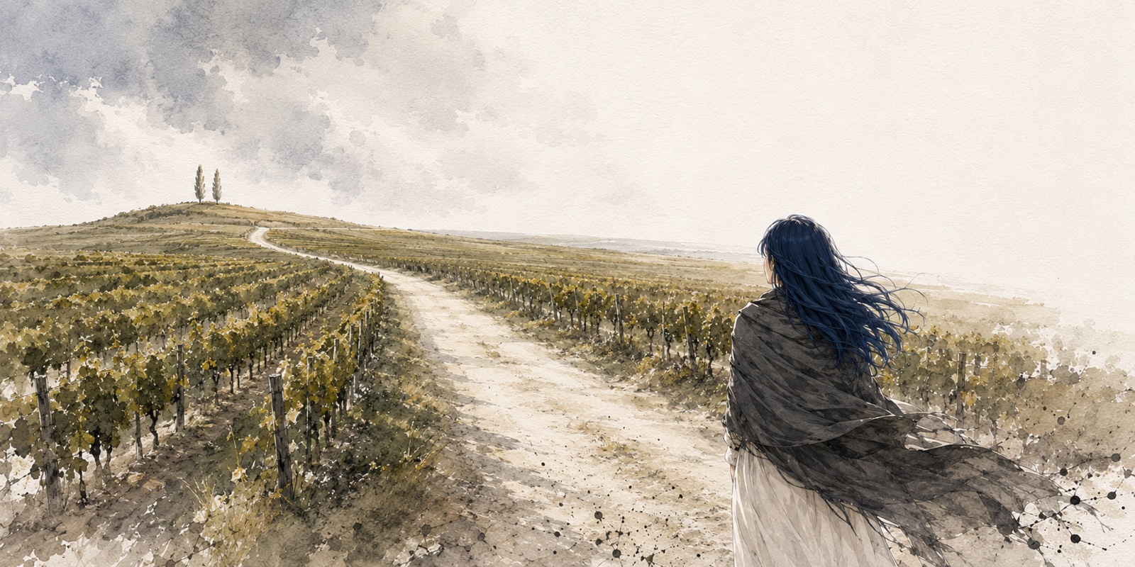Watercolor illustration of a country lane through vineyards in Médoc