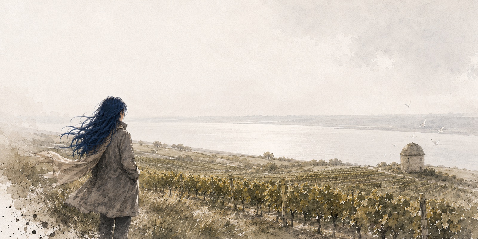 Watercolor illustration of vineyards by a wide estuary in Médoc with a small dovecote tower